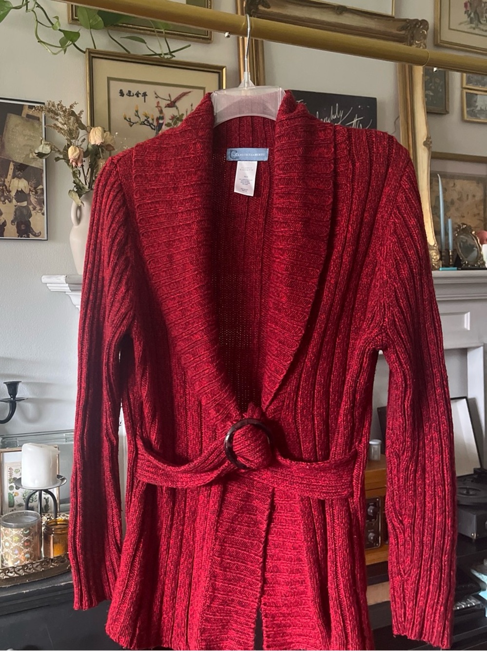 Classic Elements Red Ribbed Shawl Collar Belted Cardigan